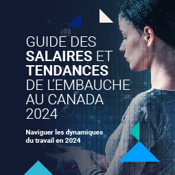 Une image bleuâtre avec une femme sur le côté droit et les mots suivants en blanc: Guide des salaires et tendances de l'embauche au Canada 2024. Naviguer dans les dynamiques du travail en 2024.