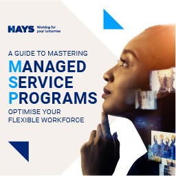 A woman looks up with a hand on her chin. On blue letters are the words: A Guide to Mastering Managed Service Programs: Optimize your Flexible Workplace