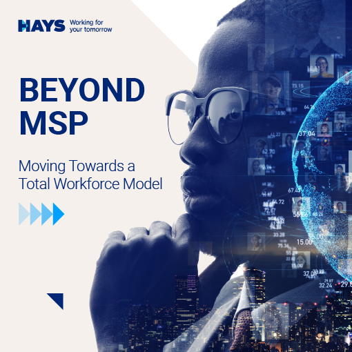 A man with glasses holds his chin in a thoughtful expression in a blue hue. To the left there's the words: Beyond MSP Moving Towards a Total Workforce Model