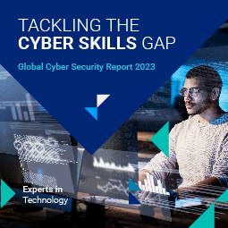 A man works on a computer with data and charts. Above him is a blue triangle with the words: Tackling the cyber skills gap. Global Cyber Security Report 2023